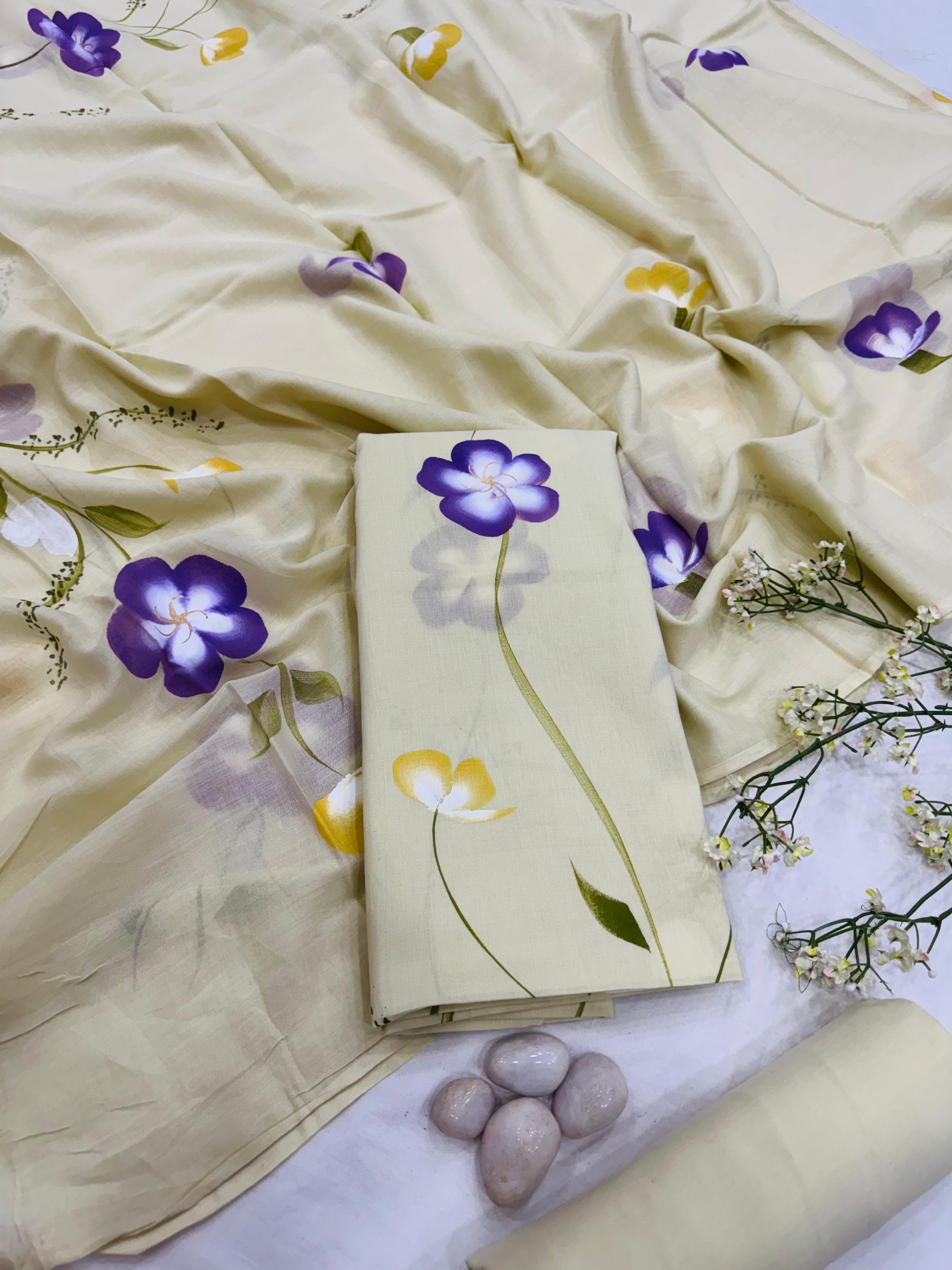 Wholesale Cream Handpainted Cotton Mul Dress Material – Artisan-Crafted Fabric from Rajasthan for Designers, Boutiques, and Bulk Orders